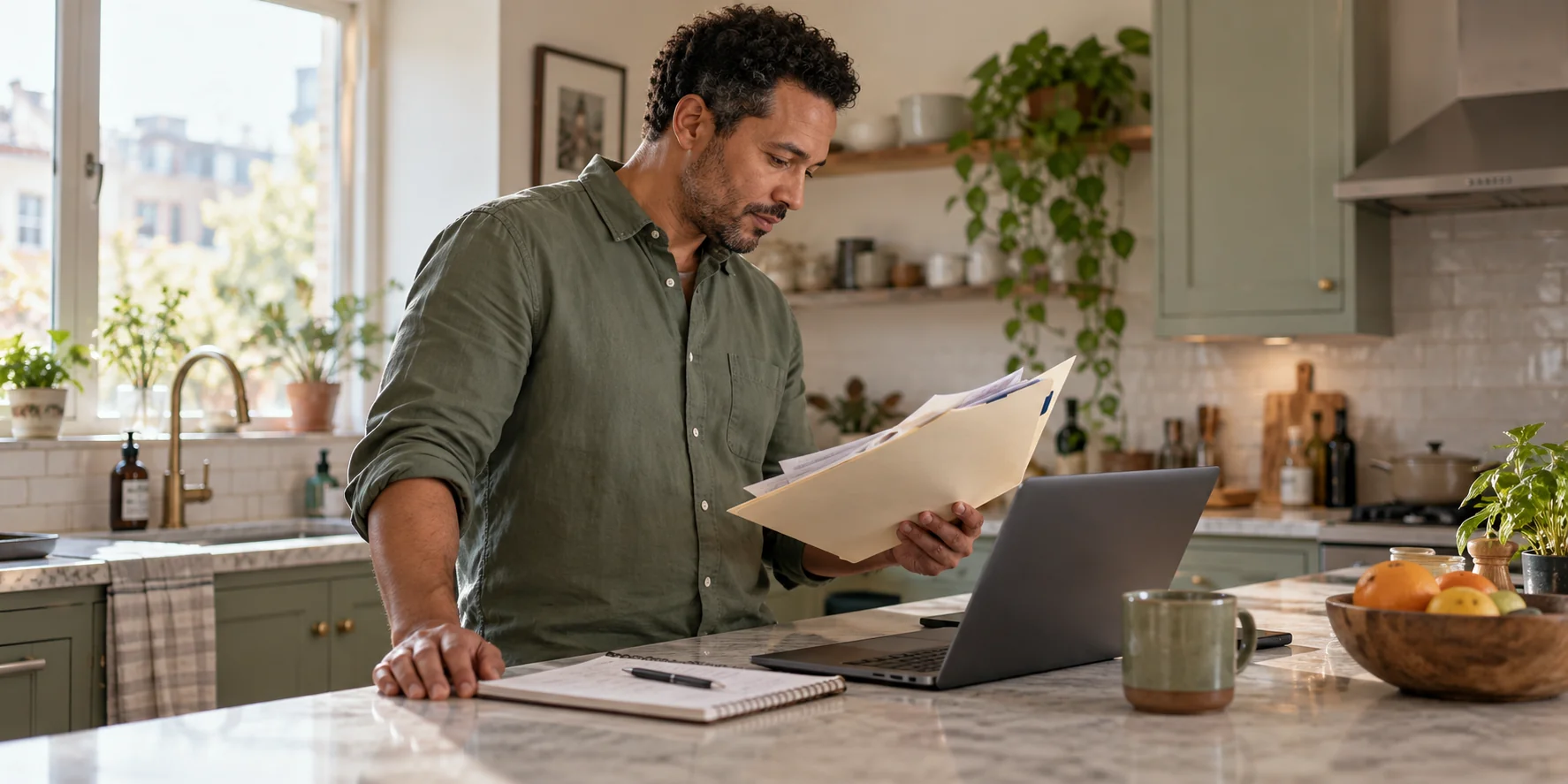 Man sorting employment papers beside a laptop at a kitchen island while preparing his CV