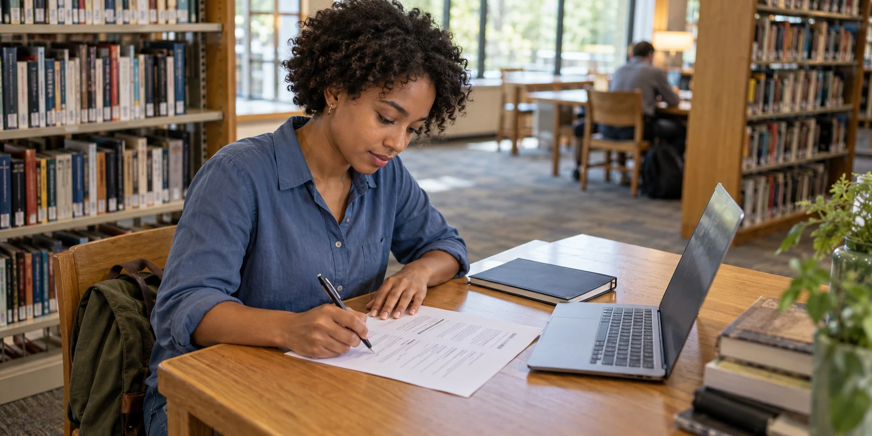 Job applicant reviewing a printed resume with a pen at a library study table